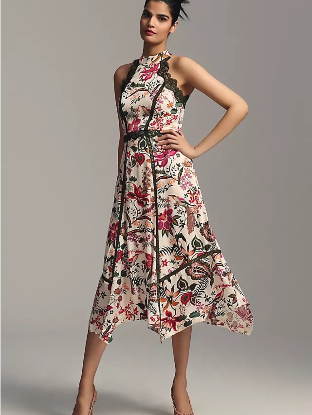 Anthropologie Lace-Trim Floral Bird Halter Midi Dress Size: 6